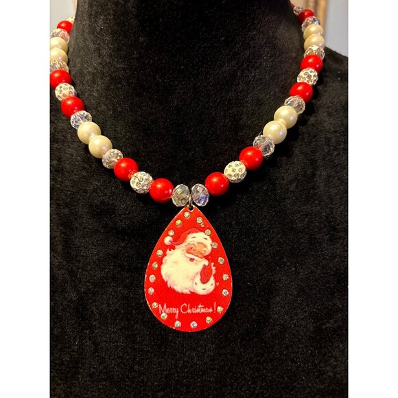 Santa Pendant Beaded Christmas Necklace Red White Beads Adjustable Chain Holiday - Picture 2 of 5